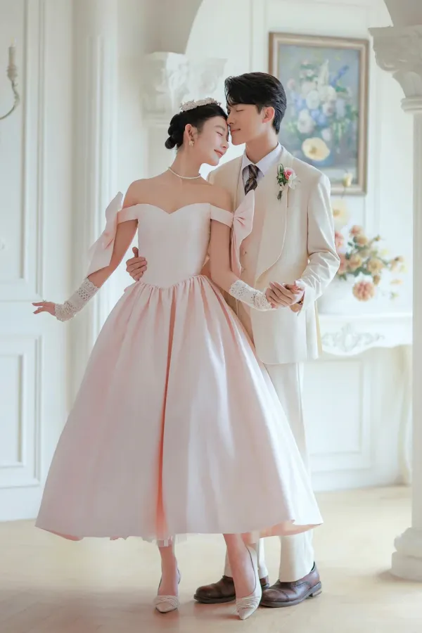 Lovely Satin Tea Length Prom Dress, Pink Off the Shoulder Evening Party Dress with Bows KPH0720