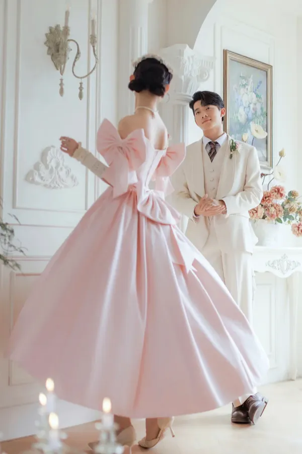 Lovely Satin Tea Length Prom Dress, Pink Off the Shoulder Evening Party Dress with Bows KPH0720