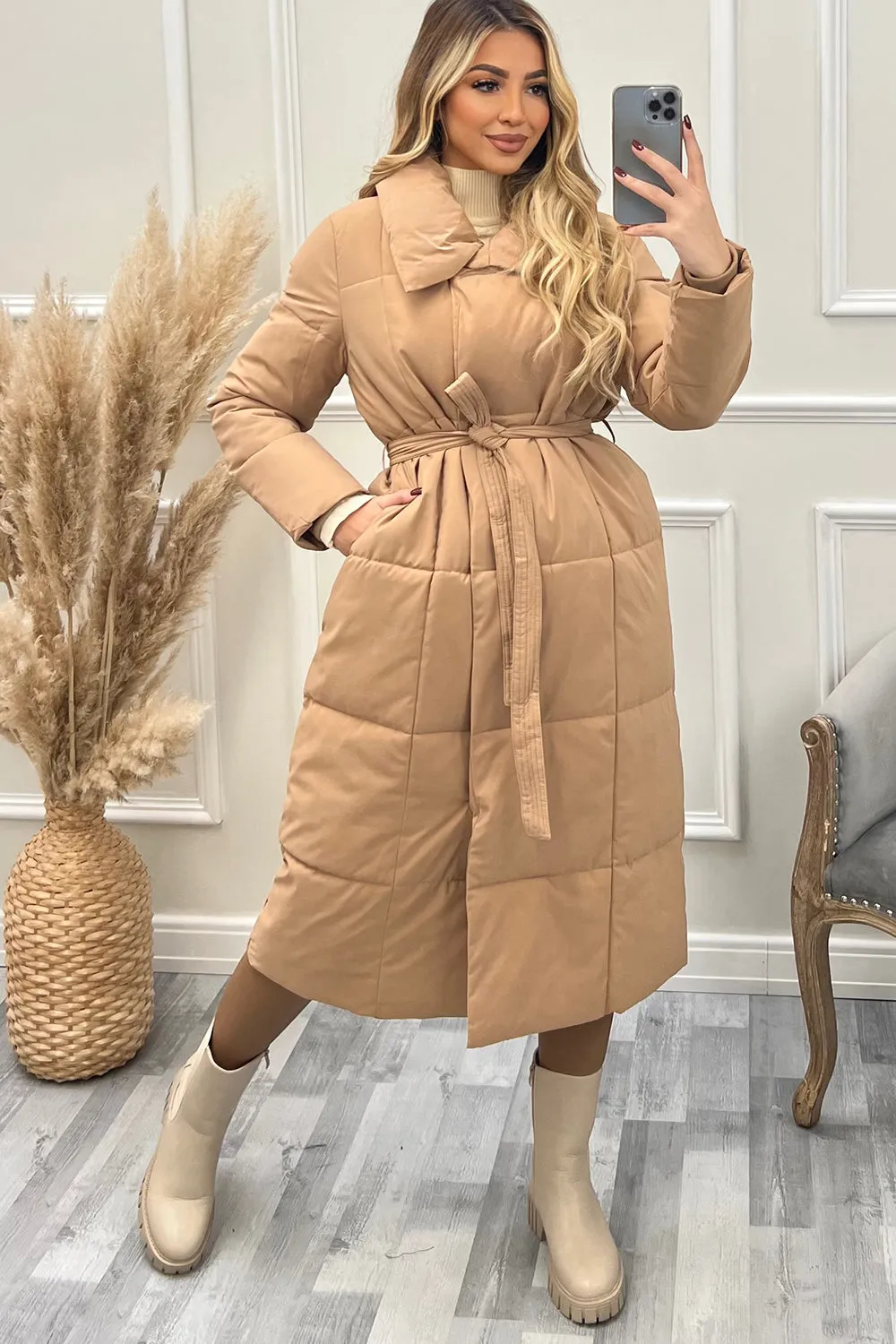 Mya Camel Belted Longline Padded Duvet Coat