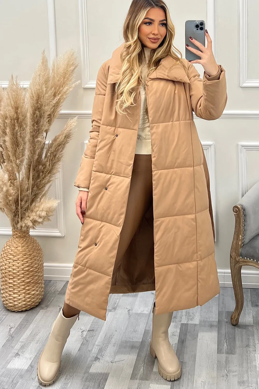 Mya Camel Belted Longline Padded Duvet Coat