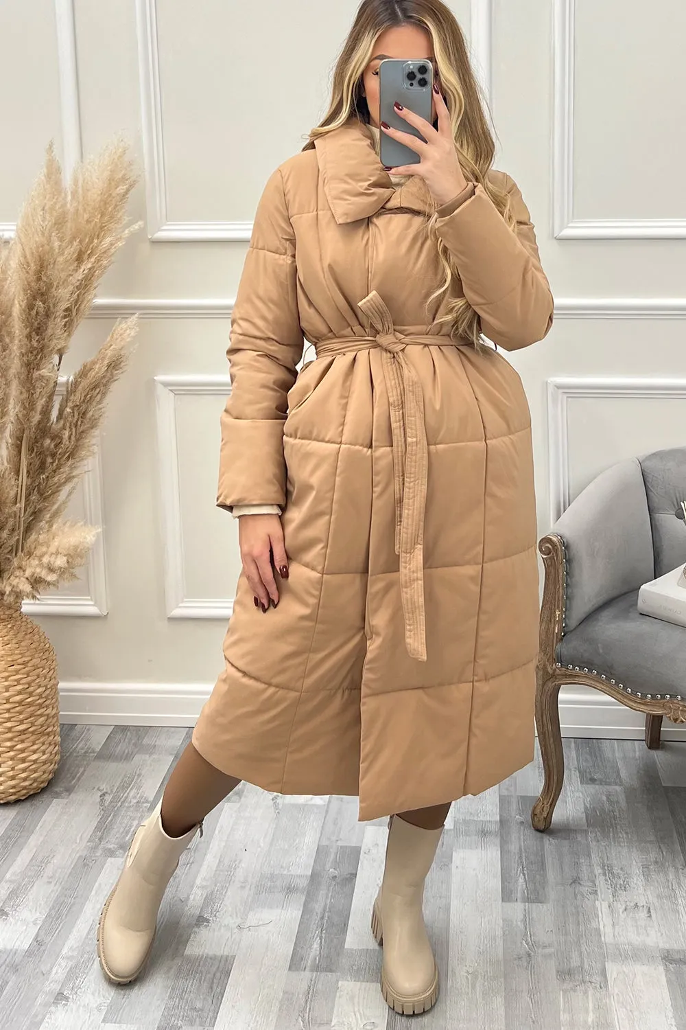 Mya Camel Belted Longline Padded Duvet Coat