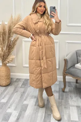 Mya Camel Belted Longline Padded Duvet Coat