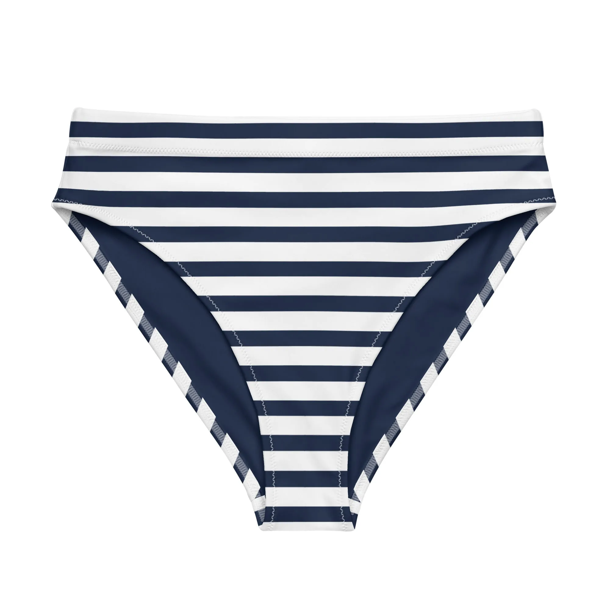 Navy Blue and White Beach Stripes High Waisted Bikini Bottom