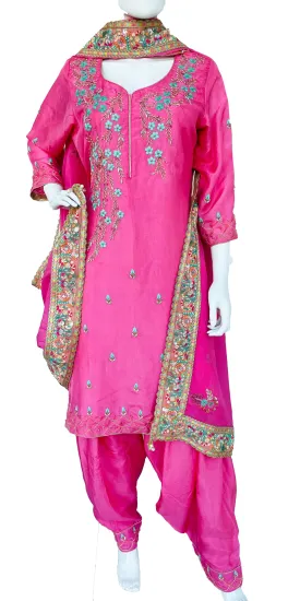 Pink Pure Upada Silk Patiala Salwar Kameez Suit with Chinon Dupatta