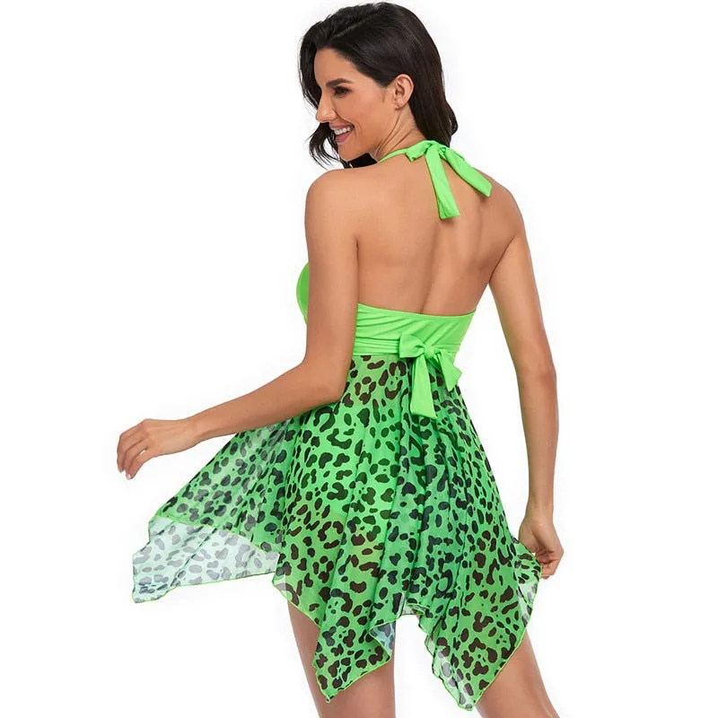 Print V Neck Backless Halter Swimdress Tankini 2 Piece