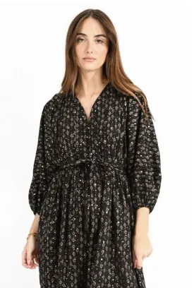 Printed Long Sleeve Tie Waist Dress