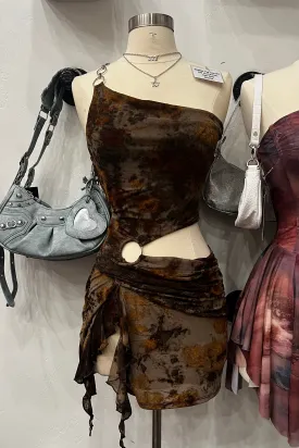 Regina Mesh Mini Dress (Brown Multi)