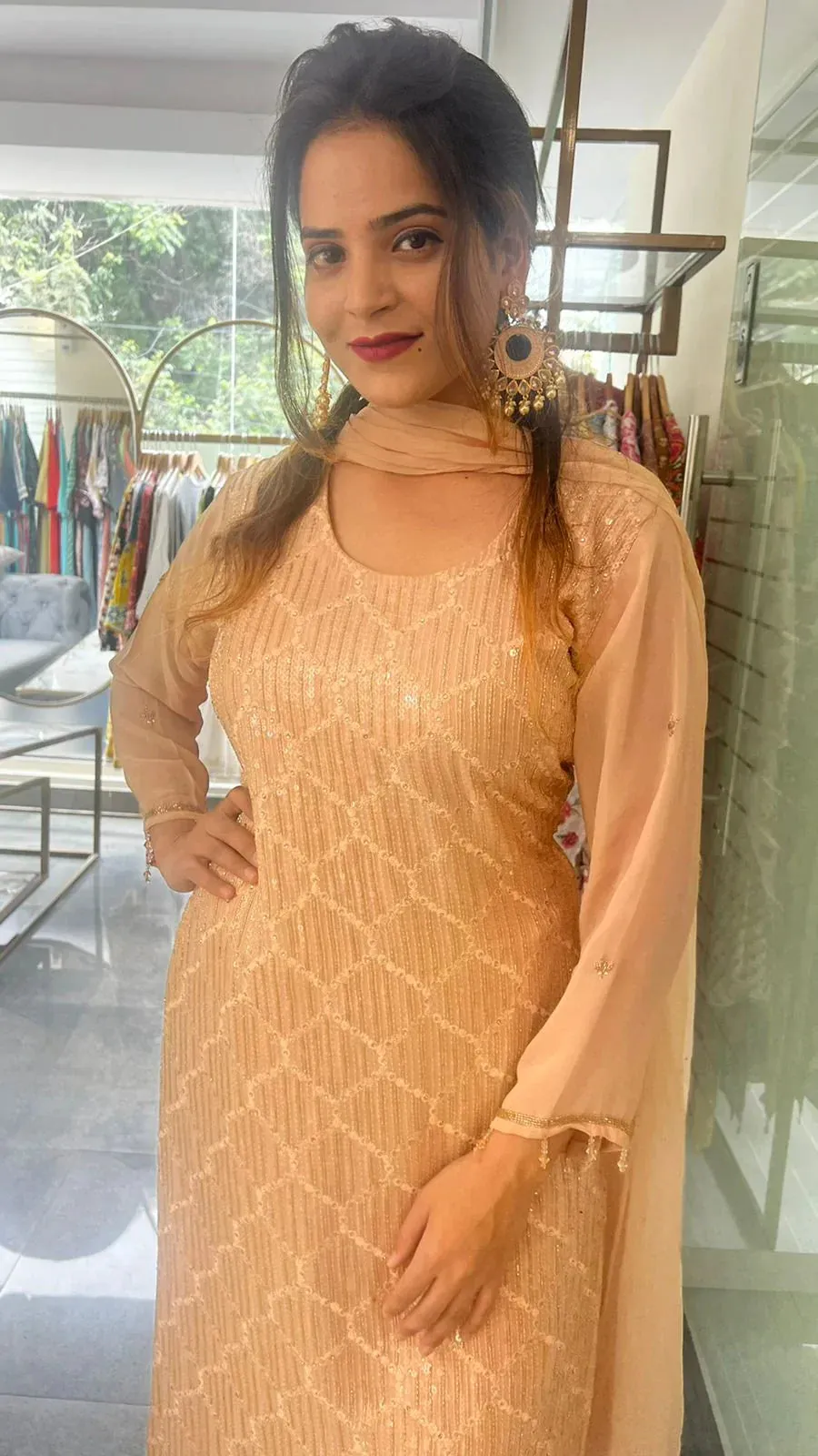 RFSS1124 - Heavy party Wear suit with Full Embroidery and Sequin work on Kurta. Comes with Chiffon Sharara and pure chiffon Dupatta