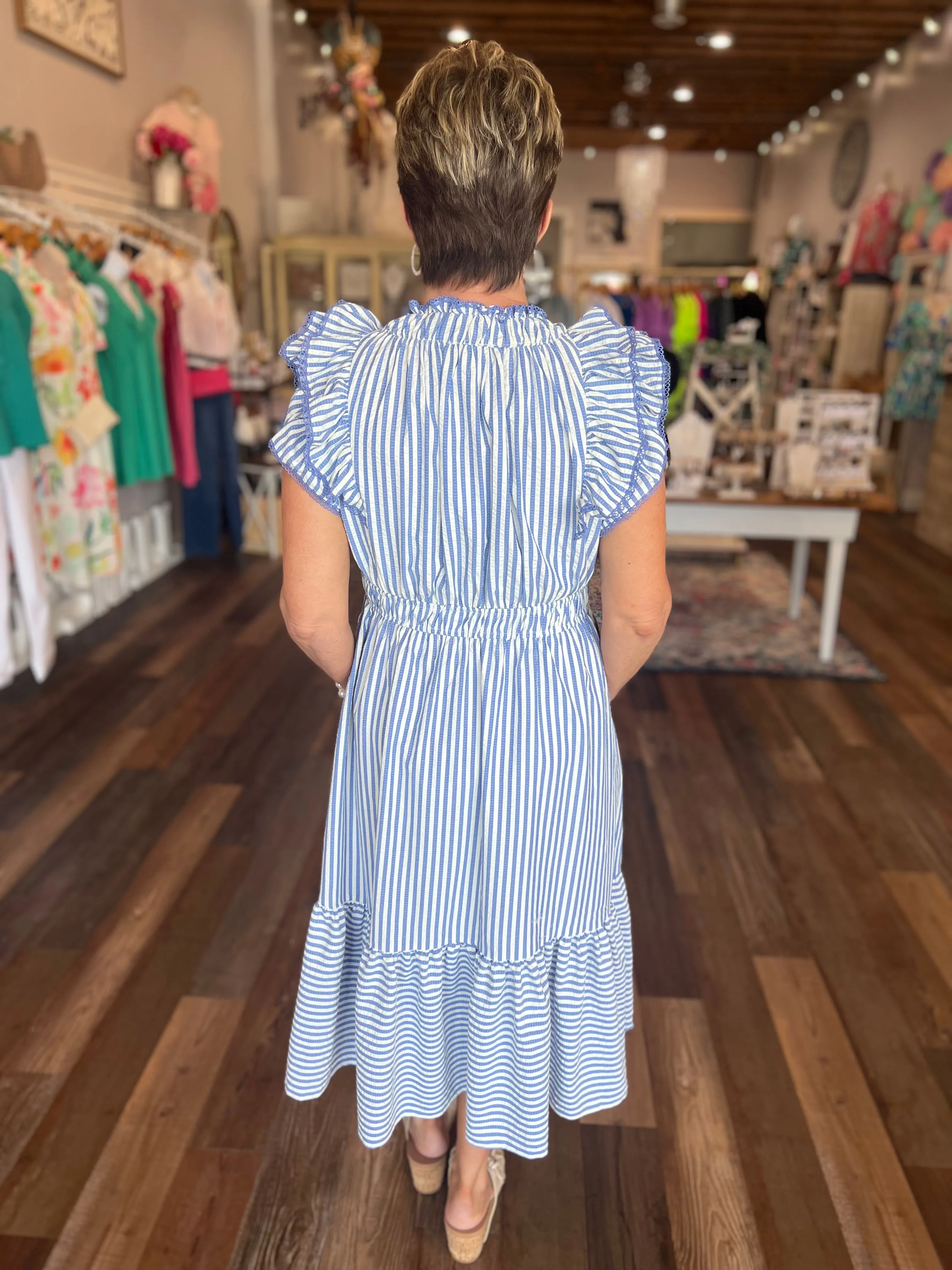 Ruffle Trimmed Striped Midi Dress