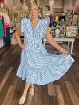 Ruffle Trimmed Striped Midi Dress