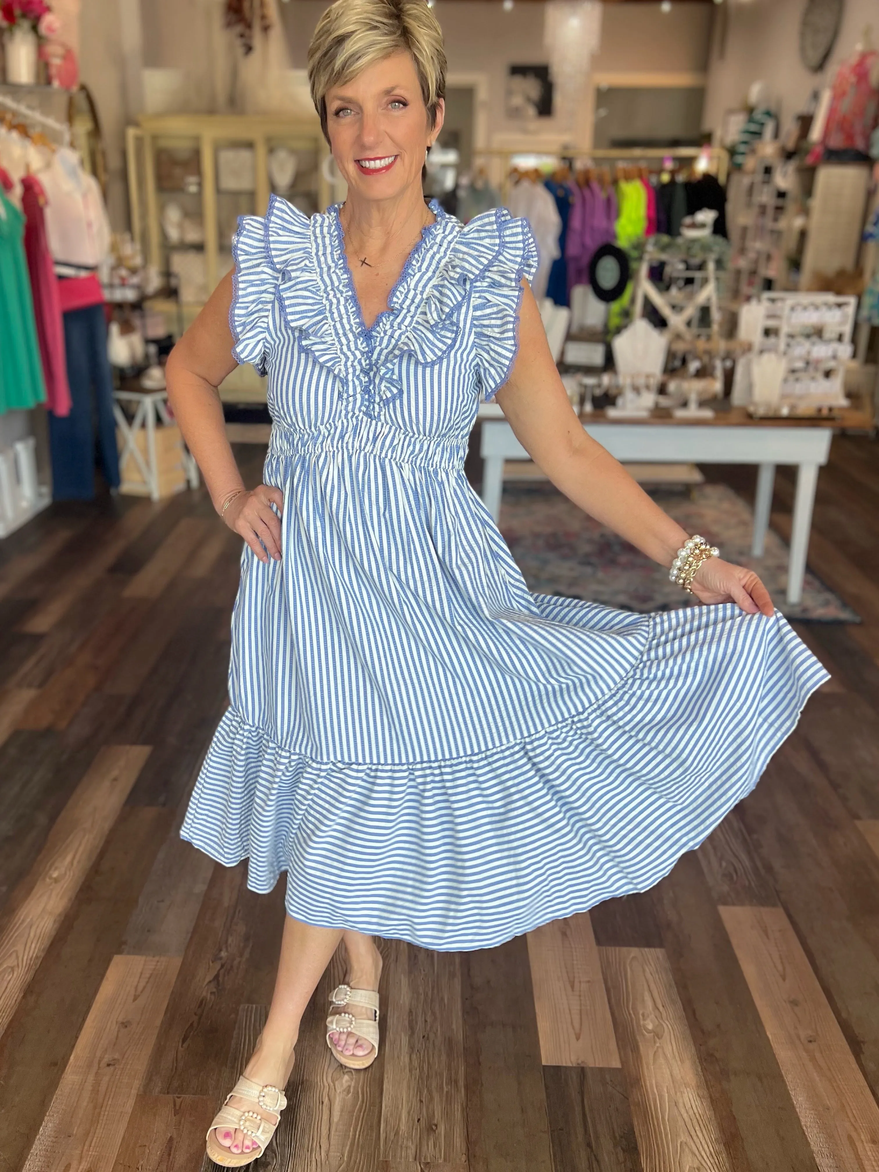 Ruffle Trimmed Striped Midi Dress