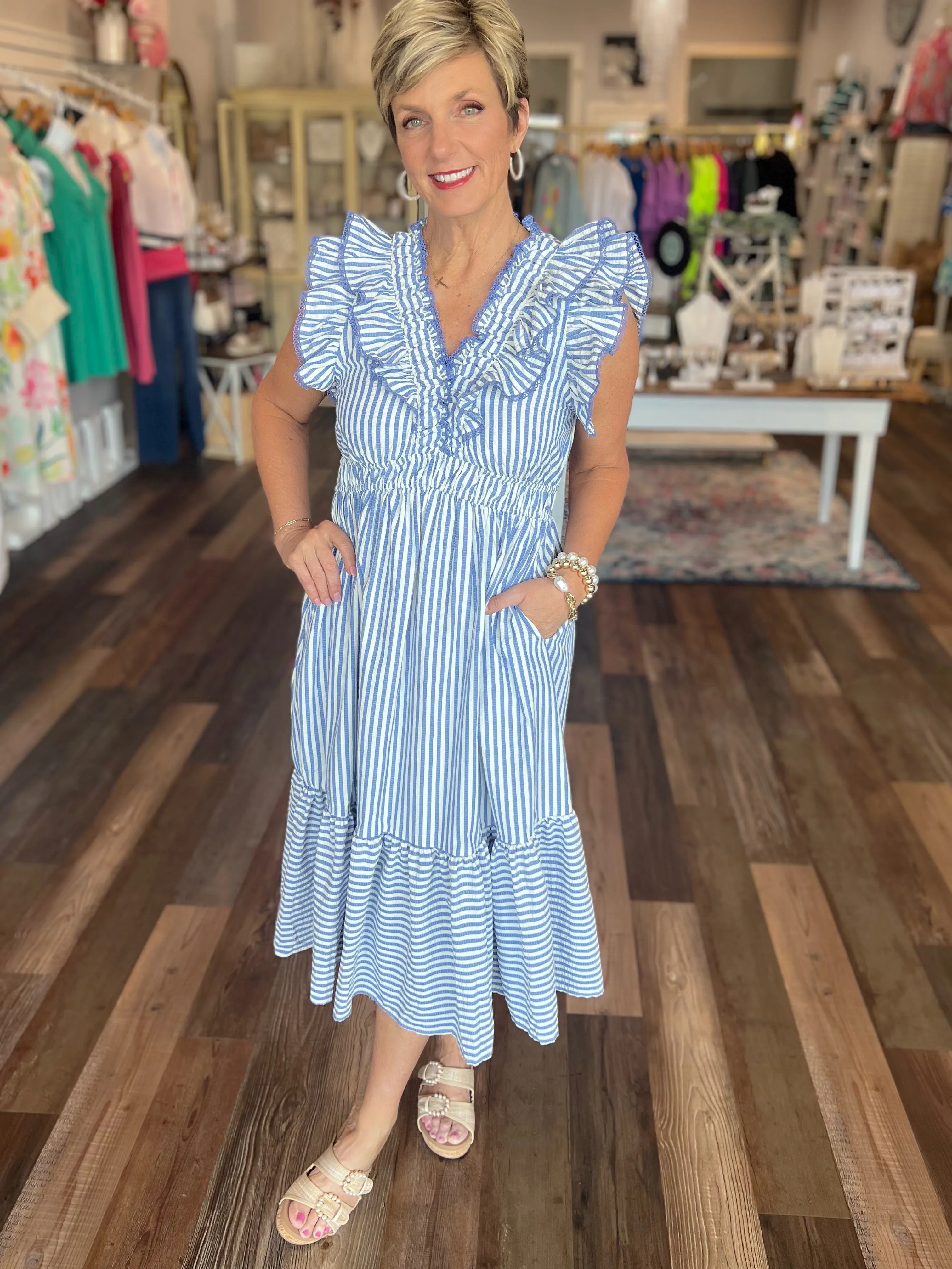 Ruffle Trimmed Striped Midi Dress