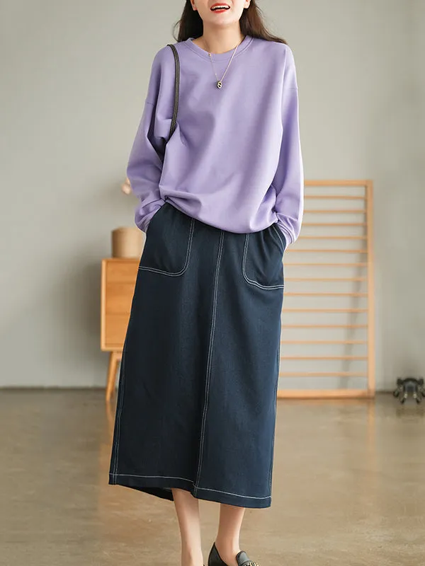 Simple Split-Joint Side Pocket A-Line Denim Skirt