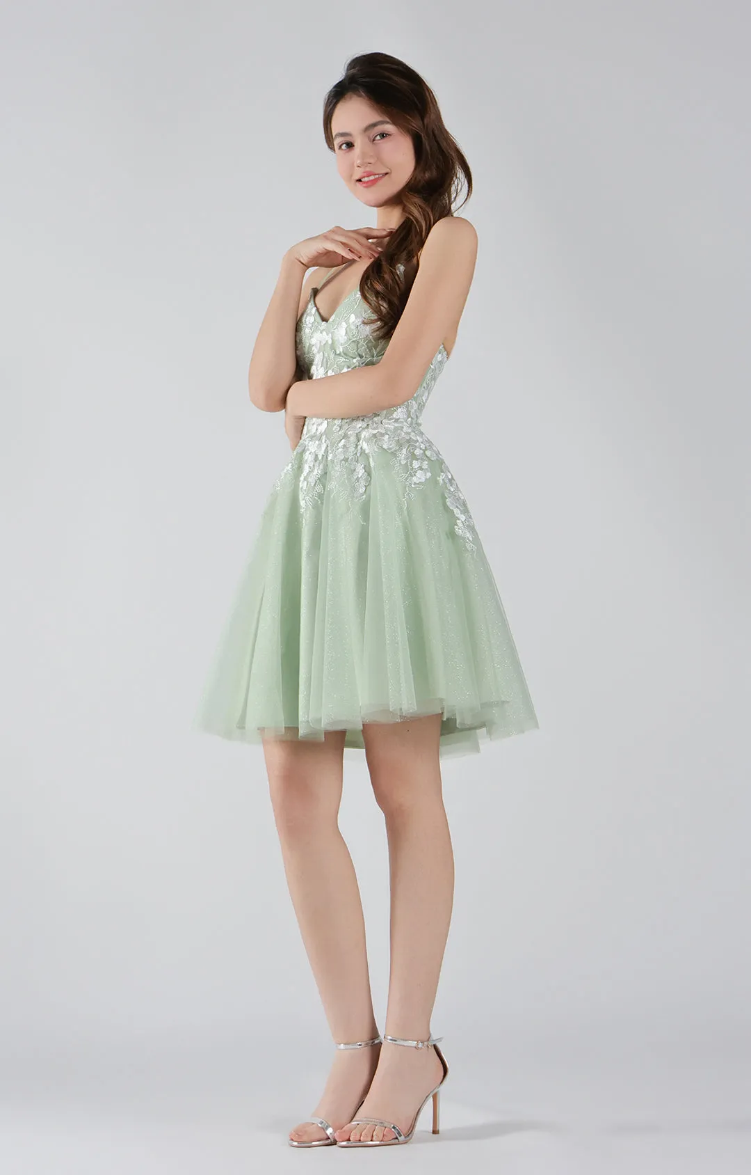 V-Neck Lace Floral Bodice Cross Straps Mini Dresses