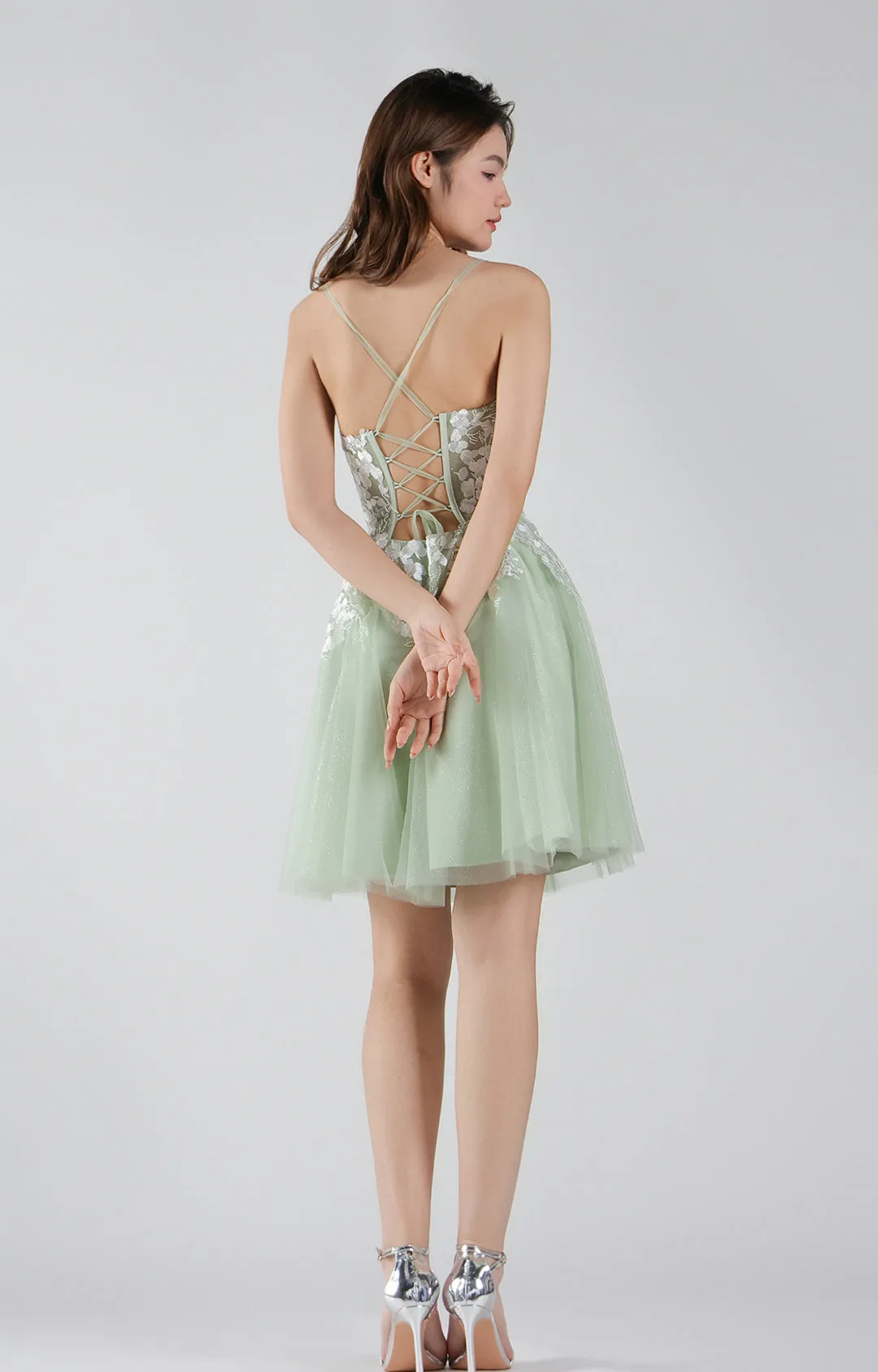 V-Neck Lace Floral Bodice Cross Straps Mini Dresses