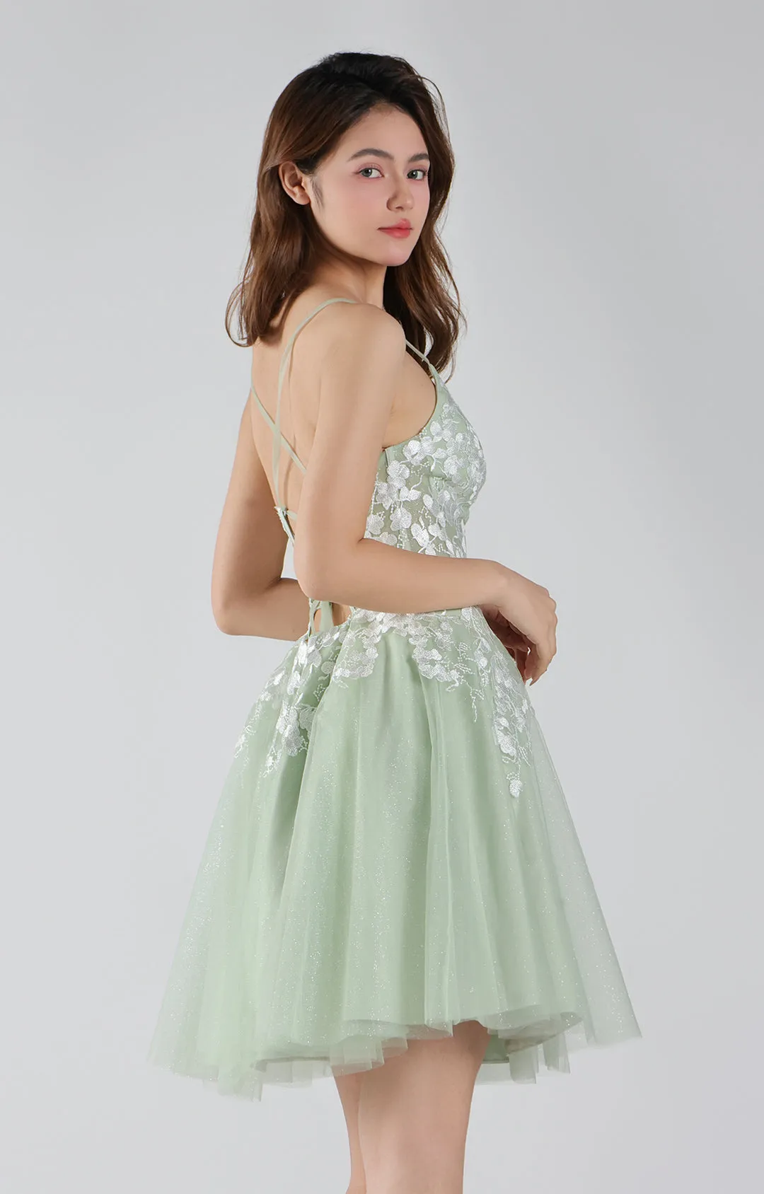 V-Neck Lace Floral Bodice Cross Straps Mini Dresses