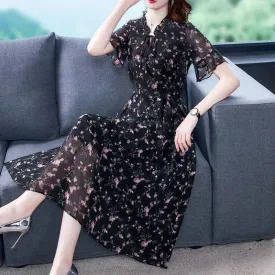 Women Floral Mid Dress Summer New Elegant Short Sleeve V- Neck Dress - WD8005