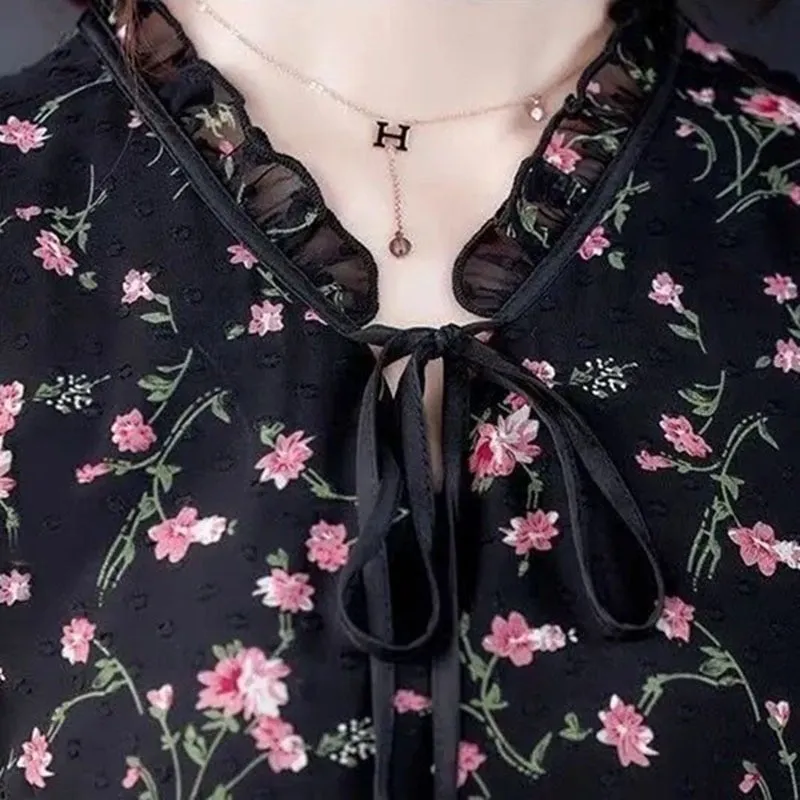 Women Floral Mid Dress Summer New Elegant Short Sleeve V- Neck Dress - WD8005