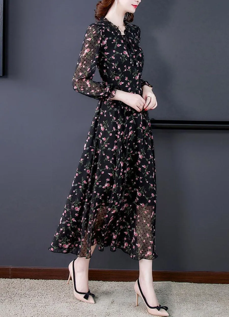 Women Floral Mid Dress Summer New Elegant Short Sleeve V- Neck Dress - WD8005