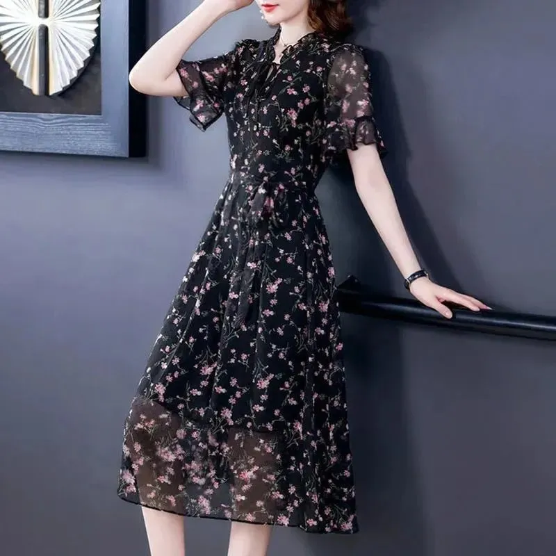 Women Floral Mid Dress Summer New Elegant Short Sleeve V- Neck Dress - WD8005