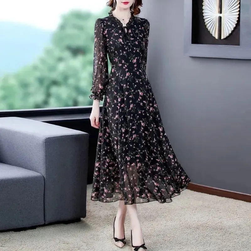 Women Floral Mid Dress Summer New Elegant Short Sleeve V- Neck Dress - WD8005